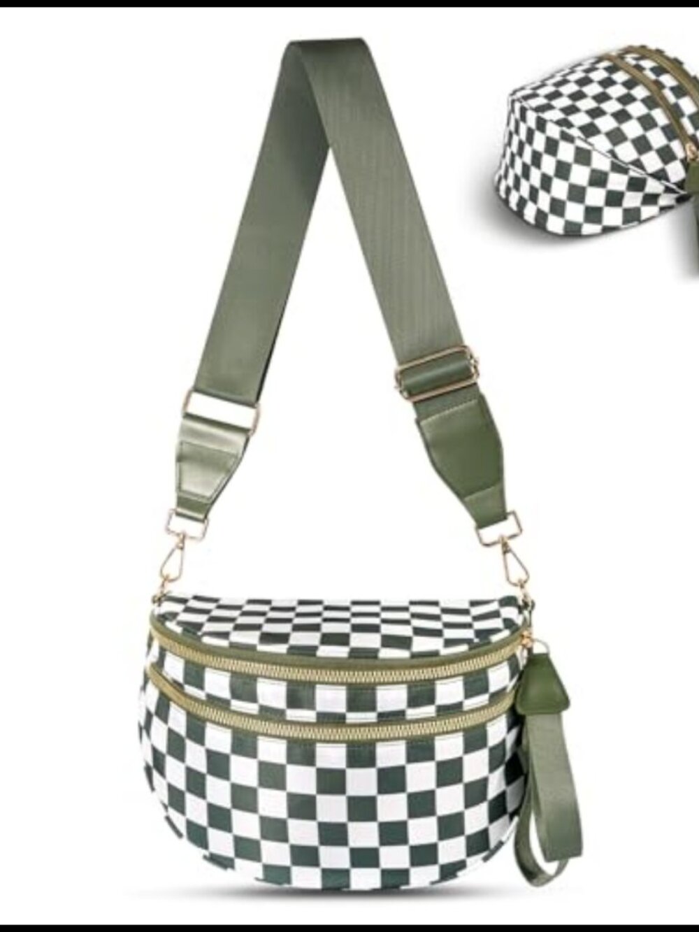 Checkered Crossbody Sling Bag Wide Strap Spacious Fanny Pack Purse